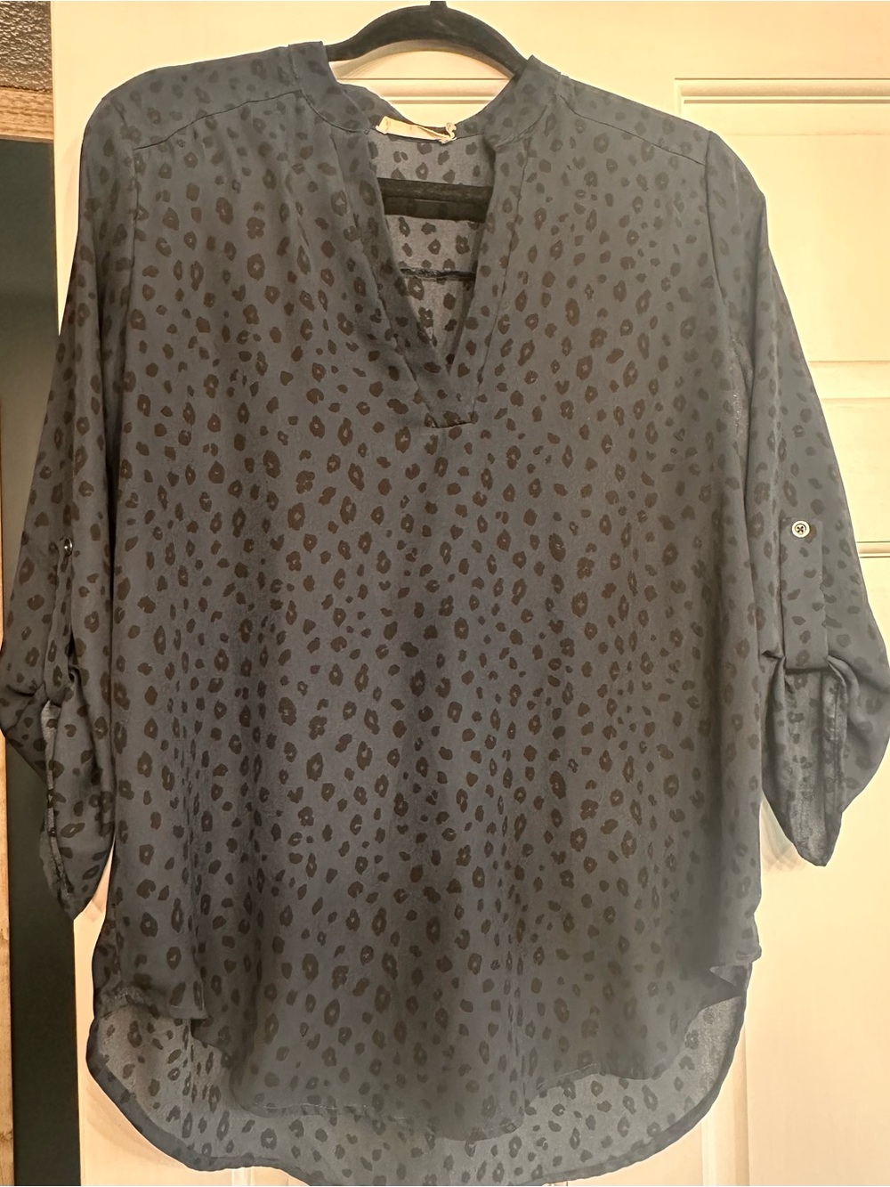Lush Navy Blue Leopard-Print Split V-Neck Blouse